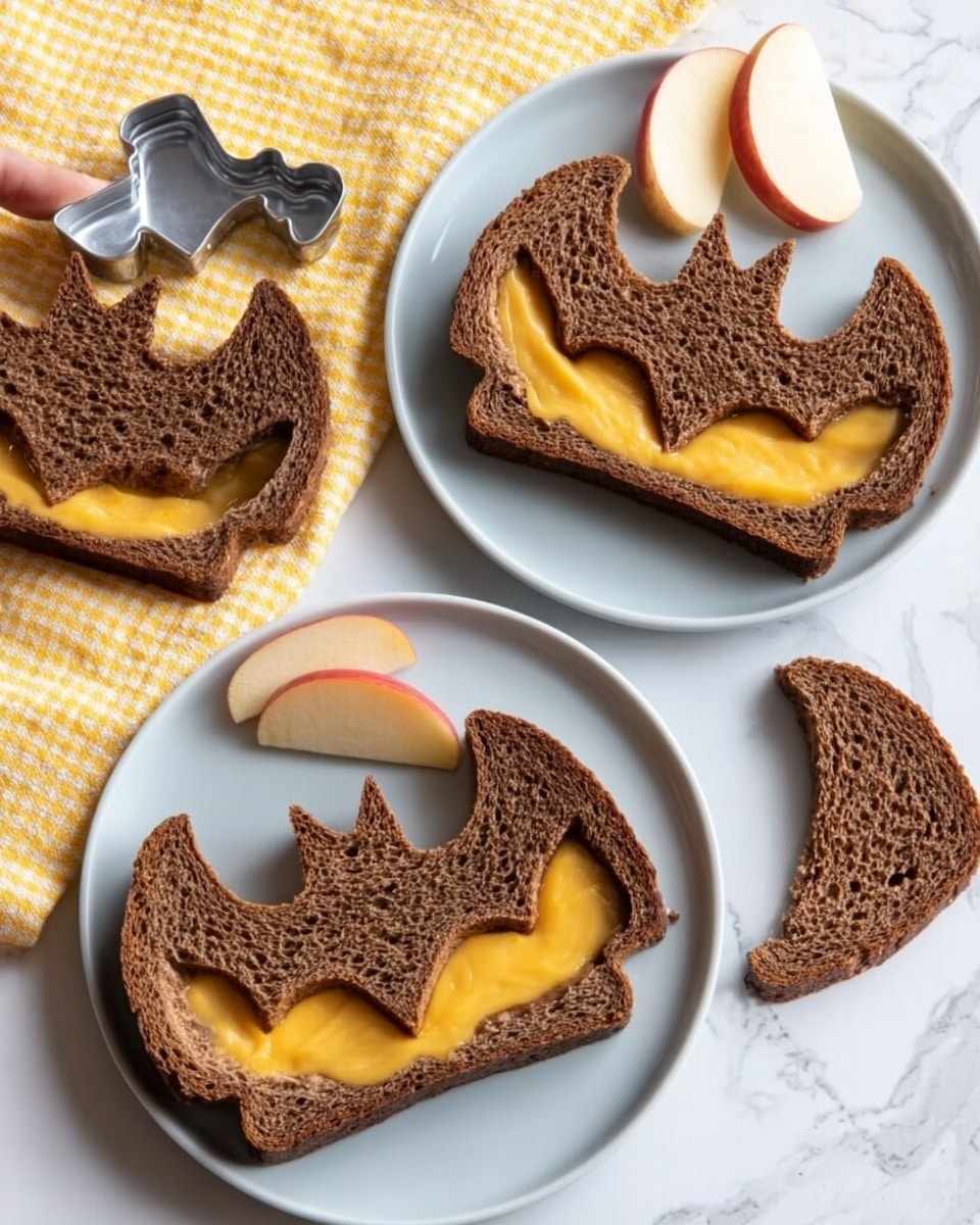 The image shows three grilled cheese sandwiches on a white plate, each with a bat-shaped hole in the top slice of brown bread revealing melted orange cheese below. The bat-shaped pieces of bread are placed on the plate near the sandwiches. There are three slices of red apple at the bottom left of the plate. A bat-shaped cookie cutter sits above the plate on a white marbled surface, along with a glass of milk on the right side and a small orange pumpkin at the bottom right. Part of a yellow-rimmed white plate with another grilled cheese sandwich is visible in the bottom right corner. photo taken with an iphone --ar 4:5 --v 7
