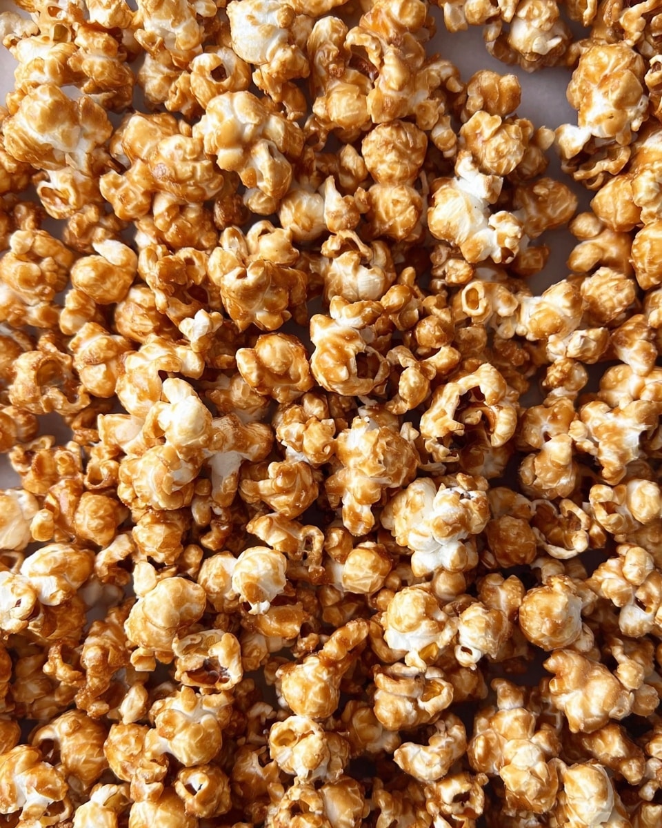 A close-up view of a large pile of caramel popcorn, showing many small to medium-sized kernels. The popcorn is covered with a shiny caramel glaze, giving it a rich golden brown color mixed with some white popcorn pieces peeking through. The texture looks crunchy and smooth with the caramel coating wrapping around each piece unevenly. The background is a white marbled surface, filling the whole frame with popcorn and no other objects visible. photo taken with an iphone --ar 4:5 --v 7