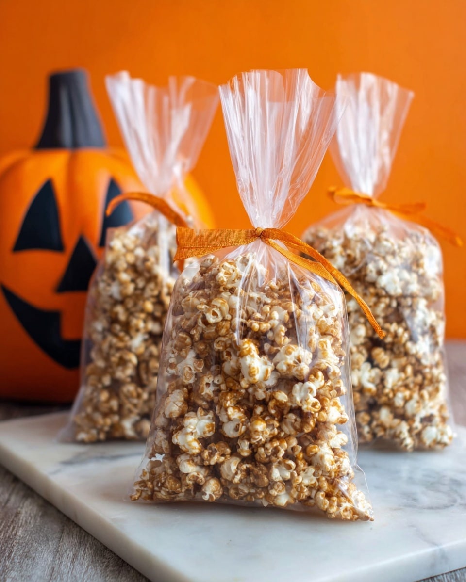 A white bowl with an orange band around it, decorated with dancing skeletons wearing black top hats and bow ties, is filled to the top with caramel-coated popcorn showing a glossy, textured caramel layer on each puff. Behind it, there is a slightly blurred second bowl with similar popcorn but featuring a green and orange pattern on the band of the white bowl. The background includes a soft orange pumpkin-shaped decoration with black features, all set on a white marbled surface. photo taken with an iphone --ar 4:5 --v 7