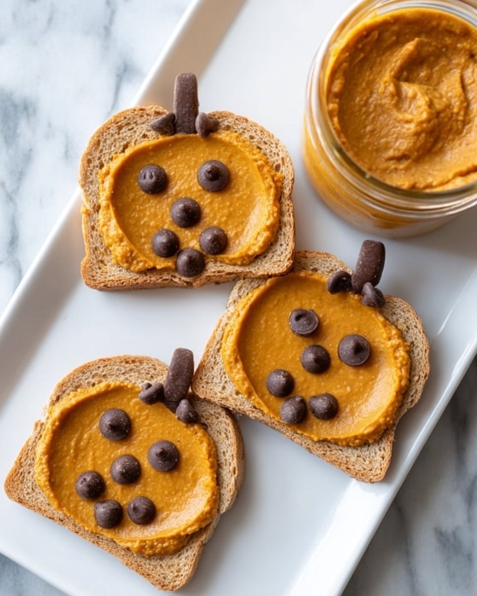 The image shows three slices of whole grain toast on a white rectangular plate, each topped with an orange pumpkin-shaped spread with a smooth, slightly thick texture. The pumpkin shapes are created by the way the spread is applied on each toast, with small dollops forming the stem at the top of the pumpkins. On each pumpkin spread, dark chocolate chips are arranged to form faces: two large chips for eyes and several smaller chips create smiling or surprised mouths. Next to the plate, there is a clear glass jar filled with the same orange spread. The toast and jar are all placed on a white marbled surface. photo taken with an iphone --ar 4:5 --v 7
