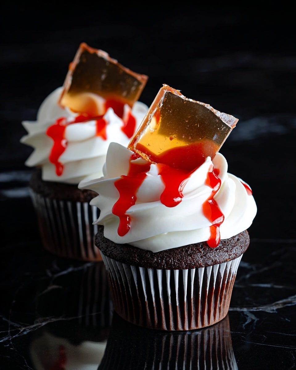 Two chocolate cupcakes each have a thick layer of white frosting swirled on top. On the frosting sits a shiny, transparent caramel shard with a golden edge. Bright red syrup drips down beside the caramel, creating a bold contrast with the white frosting. The cupcakes are set against a black background that makes the colors stand out. photo taken with an iphone --ar 4:5 --v 7