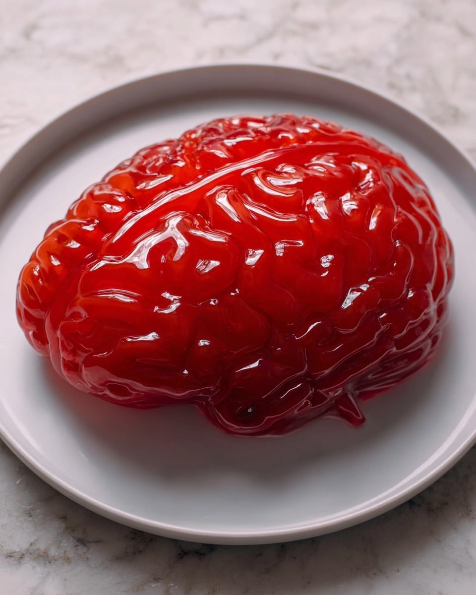 A bright red jelly shaped like a small human brain sits on a white marbled flat surface, with detailed raised ridges and grooves that mimic brain folds, the jelly has a shiny, smooth texture and is slightly translucent, showing soft light reflections on its rounded top and sides, without any other layers or items around it. Photo taken with an iphone --ar 4:5 --v 7