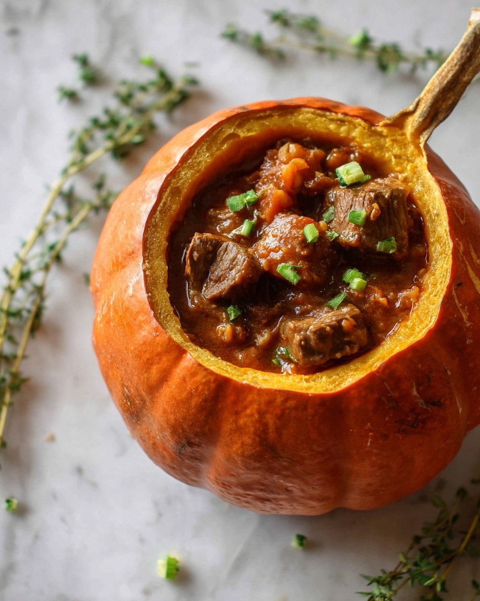 The image shows a hollowed orange pumpkin used as a bowl, filled with thick stew-like chunks of brown meat and vegetables, topped with small green herb pieces. The pumpkin has a shiny, smooth texture and a matching pumpkin lid placed beside it. In the background, there is another pumpkin bowl filled with similar stew and a small white bowl with a smooth orange puree. The setting is on a white marbled surface with some green herb sprigs scattered around. A gold spoon is inside the stew, and a woman's hand is not visible but implied interaction. Photo taken with an iphone --ar 4:5 --v 7
