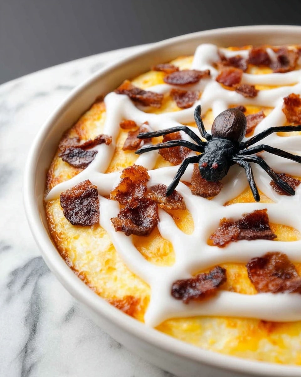 A round white plate holds a layered dish with a base of creamy white mashed potatoes covered by a layer of melted orange cheese with small pieces of crispy brown bacon scattered on top. Over the cheese and bacon, thick white sour cream is piped in a web pattern, and a small black plastic spider sits on the web near the edge. The plate is placed on a white marbled surface with a brown cloth and three raw brown potatoes in the background. Photo taken with an iphone --ar 4:5 --v 7