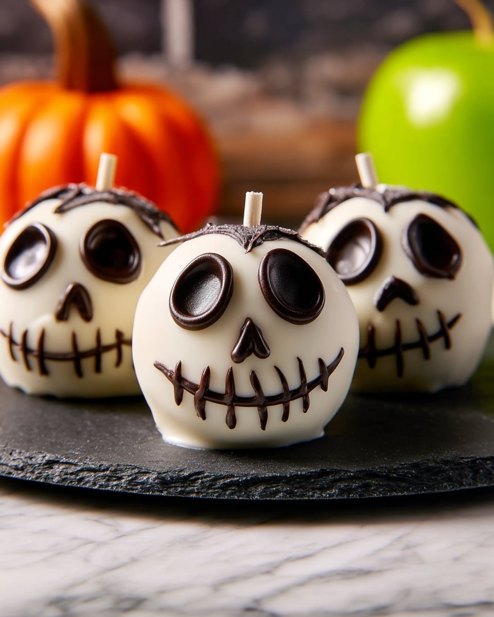 The image shows small round cakes covered in smooth white icing, decorated to look like skull faces. There are two big black oval shapes for eyes, a small black triangle for the nose, and a black stitched smile across the front, all made from shiny chocolate. The cakes are sitting on a dark slate plate with a soft white marbled surface underneath. In the background, there are blurred orange and green shapes that add color contrast. photo taken with an iphone --ar 4:5 --v 7