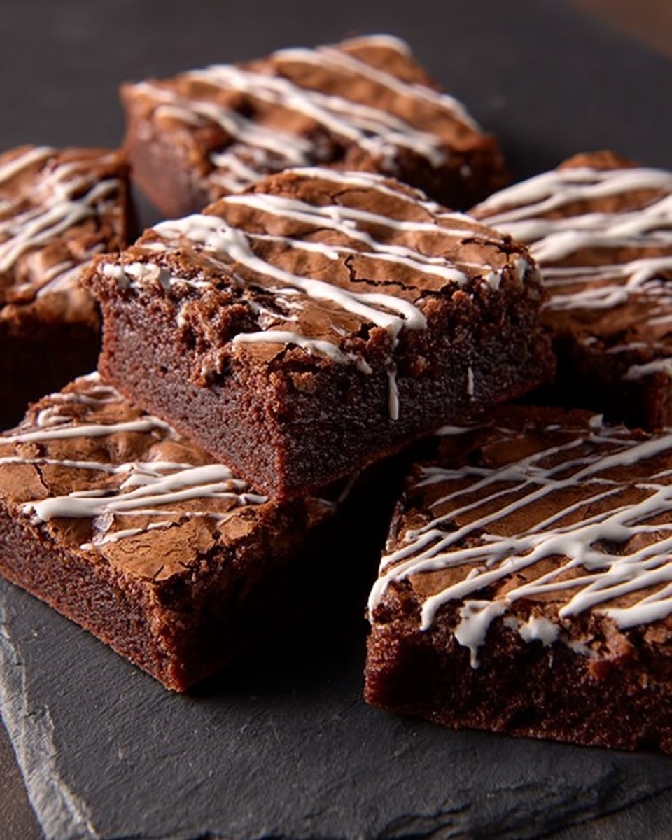 The image shows several square pieces of chocolate brownies with a cracked, slightly shiny top layer and a dense, dark brown inside. Each brownie is drizzled with thin, uneven lines of white icing across the surface, giving a light contrast to the dark chocolate base. The brownies are placed on a dark slate surface, creating a sharp contrast with the treats’ rich chocolate color. The texture looks soft but firm, with a rough top layer and moist interior visible through the cracks. The photo taken with an iphone --ar 4:5 --v 7
