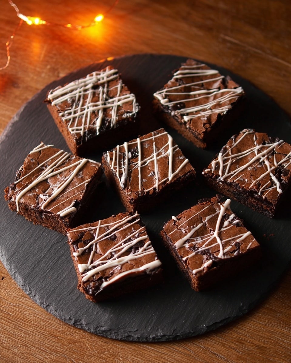 Eight square pieces of dark brown brownies are arranged on a round black slate plate, each piece topped with thin, uneven white icing drizzled in random patterns. The texture of the brownies looks slightly crumbly on the edges and smooth on top beneath the icing. The plate is set on a wooden surface with warm brown tones and there are small blurred lights in the background. photo taken with an iphone --ar 4:5 --v 7