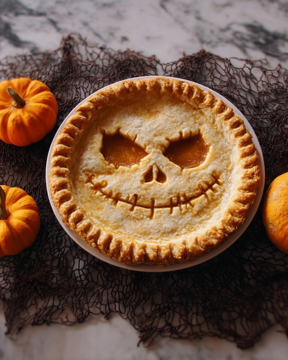 A single baked pie with a golden-brown crust sits on a white plate in the center. The pie has a fun face design on top, with two large oval-shaped eye holes showing a darker filling inside, and a wide, curved mouth with small line cuts forming a smile. The crust edge is thick and crimped around the pie. Around the plate, there are four small bright orange pumpkins on a dark textured netting, all set on a white marbled surface. photo taken with an iphone --ar 4:5 --v 7