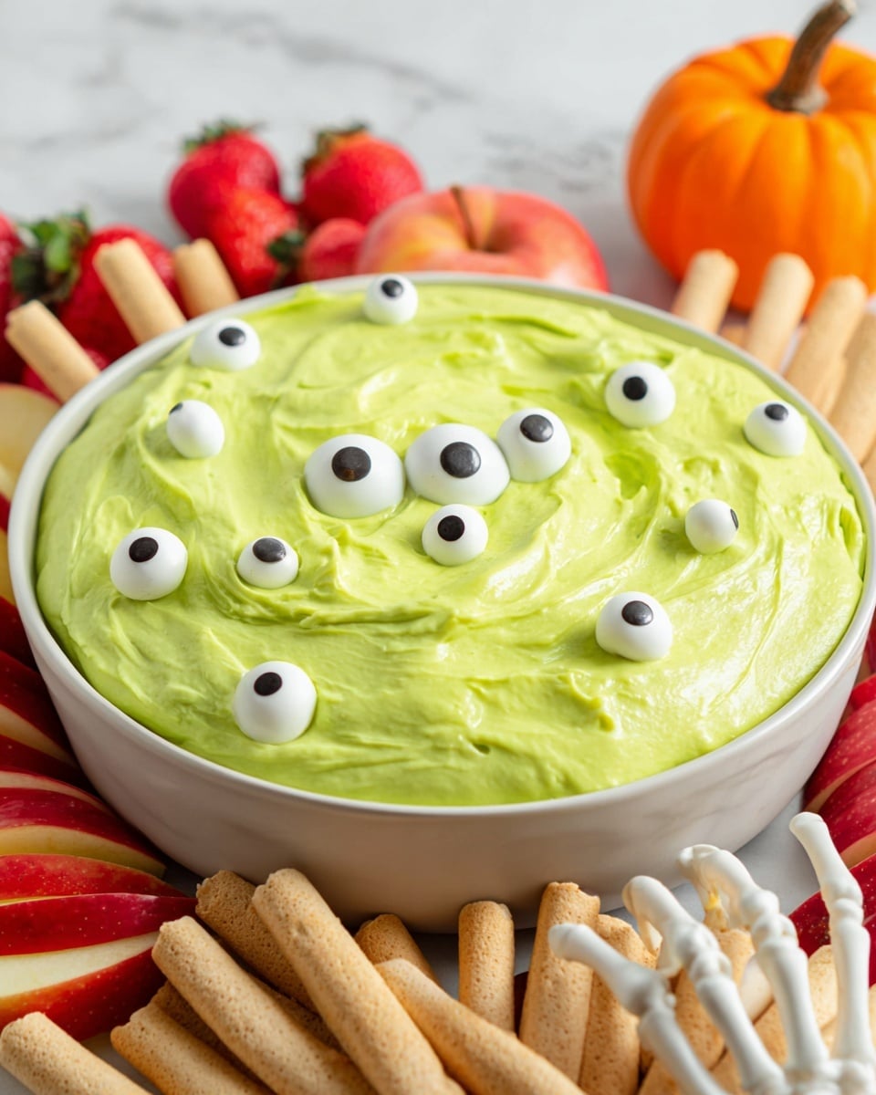 A large white bowl filled with thick, light green creamy dip dotted with candy eyes in various sizes on the surface. Surrounding the bowl on a white marbled surface are neatly arranged layers of snacks: to the top left are long brown wafer sticks, below them a group of small bright colorful candy-coated chocolates in purple, orange, yellow, and green, below those are brown pretzels, and further down are black sandwich cookies topped with more candy eyes. On the upper right side are several fresh red strawberries and light orange round crackers. At the bottom right corner, slices of red and green apples form a fan-like shape. Photo taken with an iphone --ar 4:5 --v 7