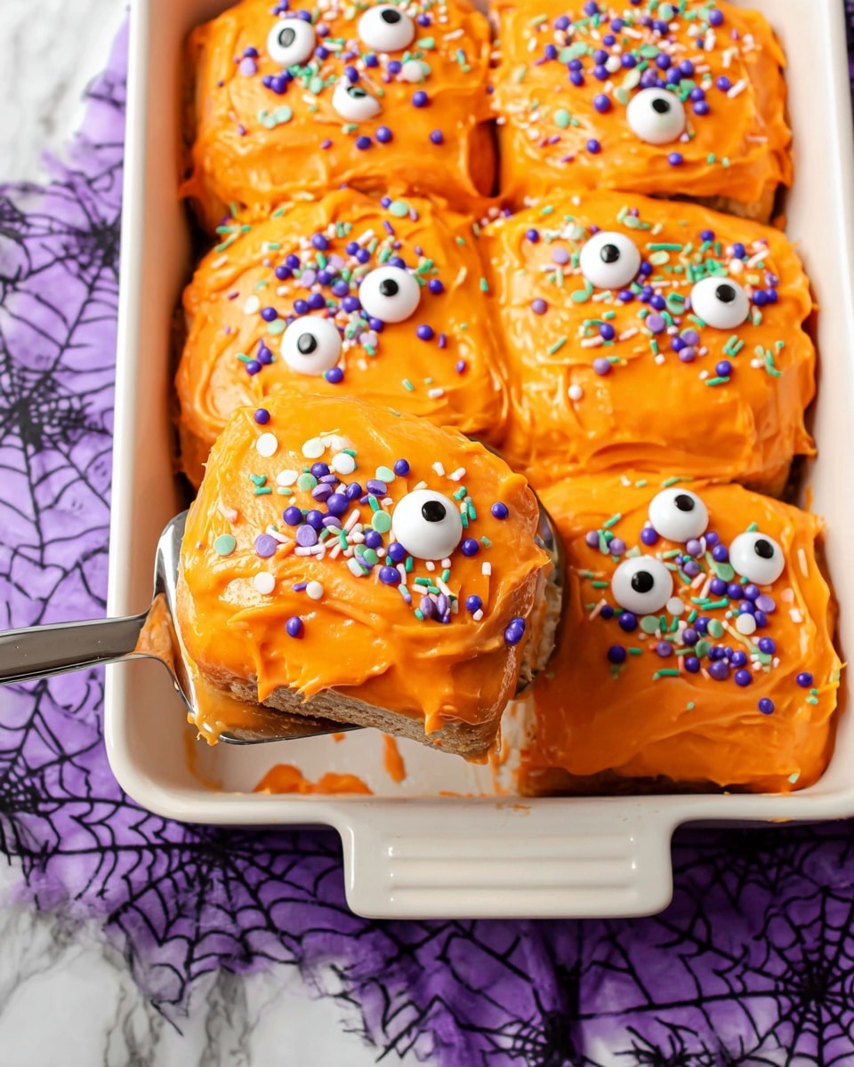 A close-up view of a cinnamon roll on a white plate, with an orange icing thickly drizzled over its three visible swirled layers of soft bread and cinnamon filling. The icing is decorated with white, purple, green, and black sprinkles scattered across the top and dripping down the sides. In the background, another cinnamon roll with similar icing sits blurred on a white plate, and part of a glass with green and purple decorations can be seen. The surface has a white marbled texture, and there is an orange pumpkin softly blurred in the background. Photo taken with an iphone --ar 4:5 --v 7