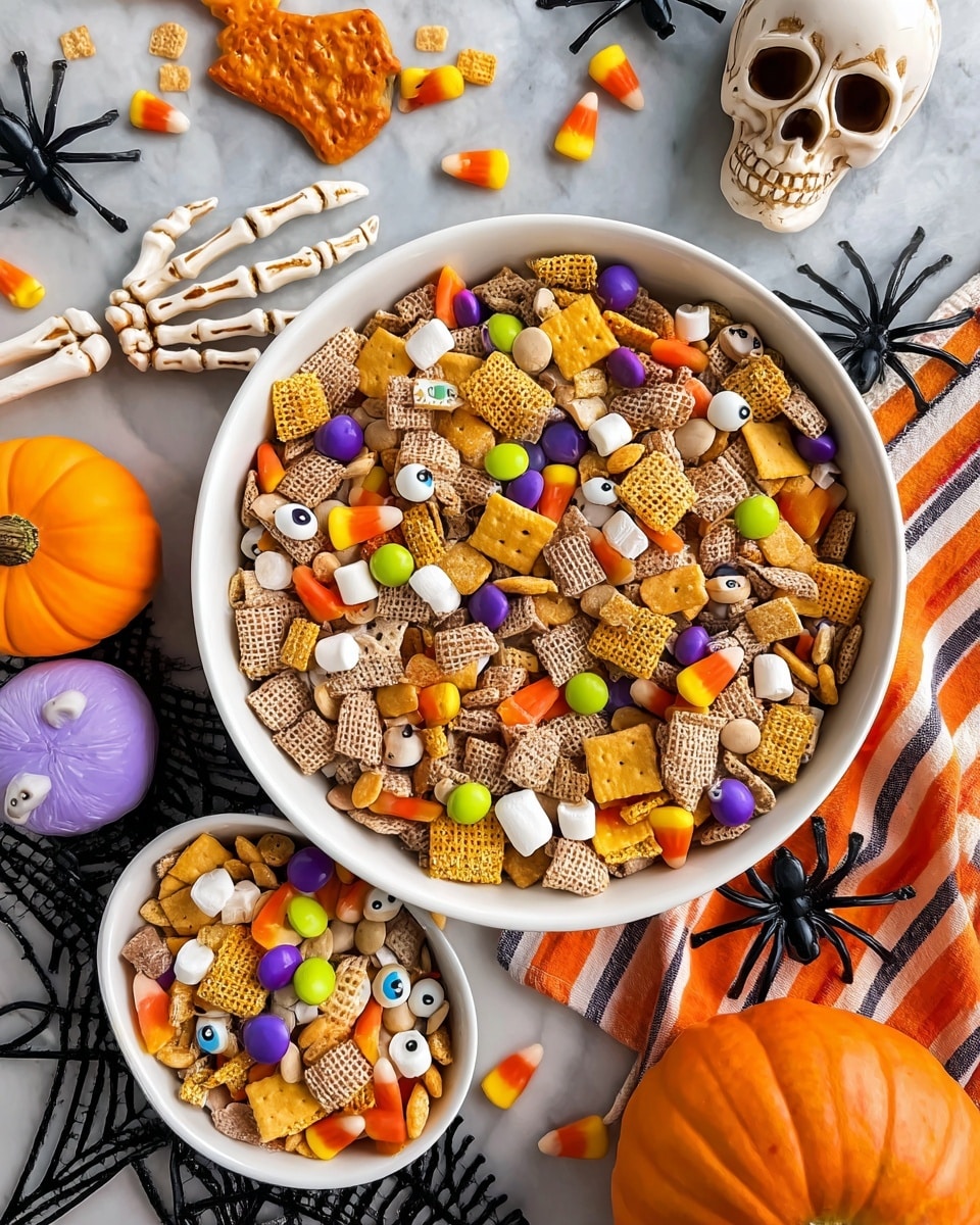 A large white bowl filled with a colorful mix of snack pieces including light brown cereal squares, yellow corn chips, small white marshmallows, orange and yellow cheese-flavored crackers shaped like fish, and round candies in purple, orange, green, and red, some decorated with small candy eyes. Next to it, a smaller white bowl contains the same snack mix. The scene includes Halloween decorations like a white skeleton hand, a white skull, a small light purple pumpkin, a bright orange pumpkin with carved eyes and nose, black plastic spiders, and a striped orange and white cloth, all set on a white marbled surface. photo taken with an iphone --ar 4:5 --v 7