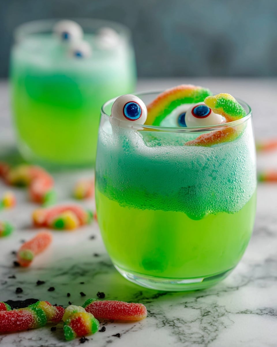 Two clear glasses filled with a light green foamy drink, each topped with several round white candy eyeballs that have blue irises and red veins, and gummy worms partially dipped inside the drink. Around the glasses on a white marbled surface are more candy eyeballs, gummy worms, and white candy shaped like fingers with red tips. The scene highlights the bright colors and textures of the candies with the bubbles and foam of the green drink. Photo taken with an iphone --ar 4:5 --v 7