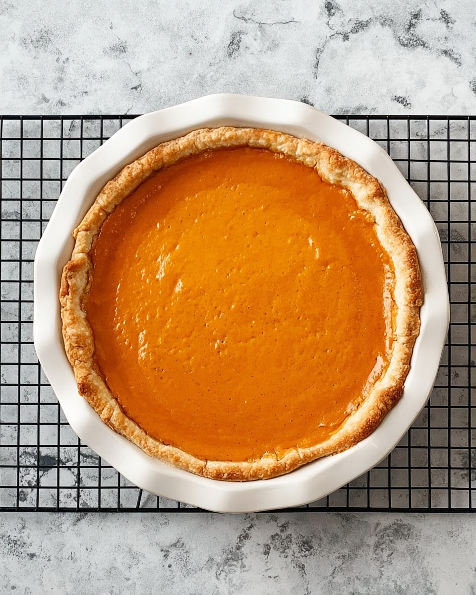 The image shows a slice of orange pumpkin pie with a slightly shiny smooth texture and a light golden crust with a crimped edge. One slice is on a white plate with a dollop of white whipped cream on top, and a silver fork is placed beside it. Another slice of pumpkin pie without whipped cream is on a dark plate with a silver fork next to it. The pie itself is on a white plate, showing more of the same orange filling and golden crust. The background is a white marbled surface with a blue and white striped cloth beside the plates. photo taken with an iphone --ar 4:5 --v 7