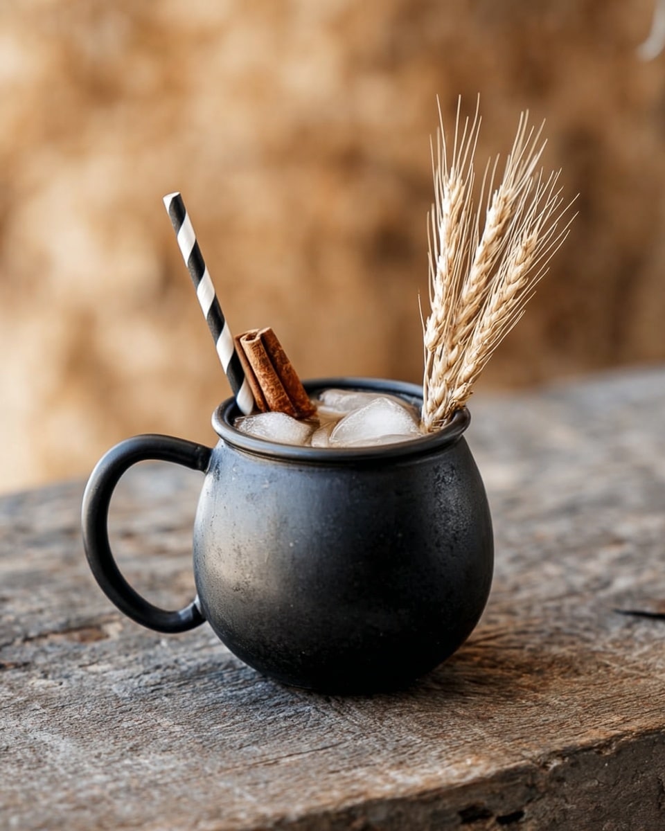 A small black round mug with a handle is filled with clear ice cubes and a light brown drink. On top, there is a large cinnamon stick and a bundle of wheat stalks placed next to a black and white striped paper straw, all sitting inside the mug. The mug is placed on a rough-textured wooden surface with a blurred warm background. photo taken with an iphone --ar 4:5 --v 7