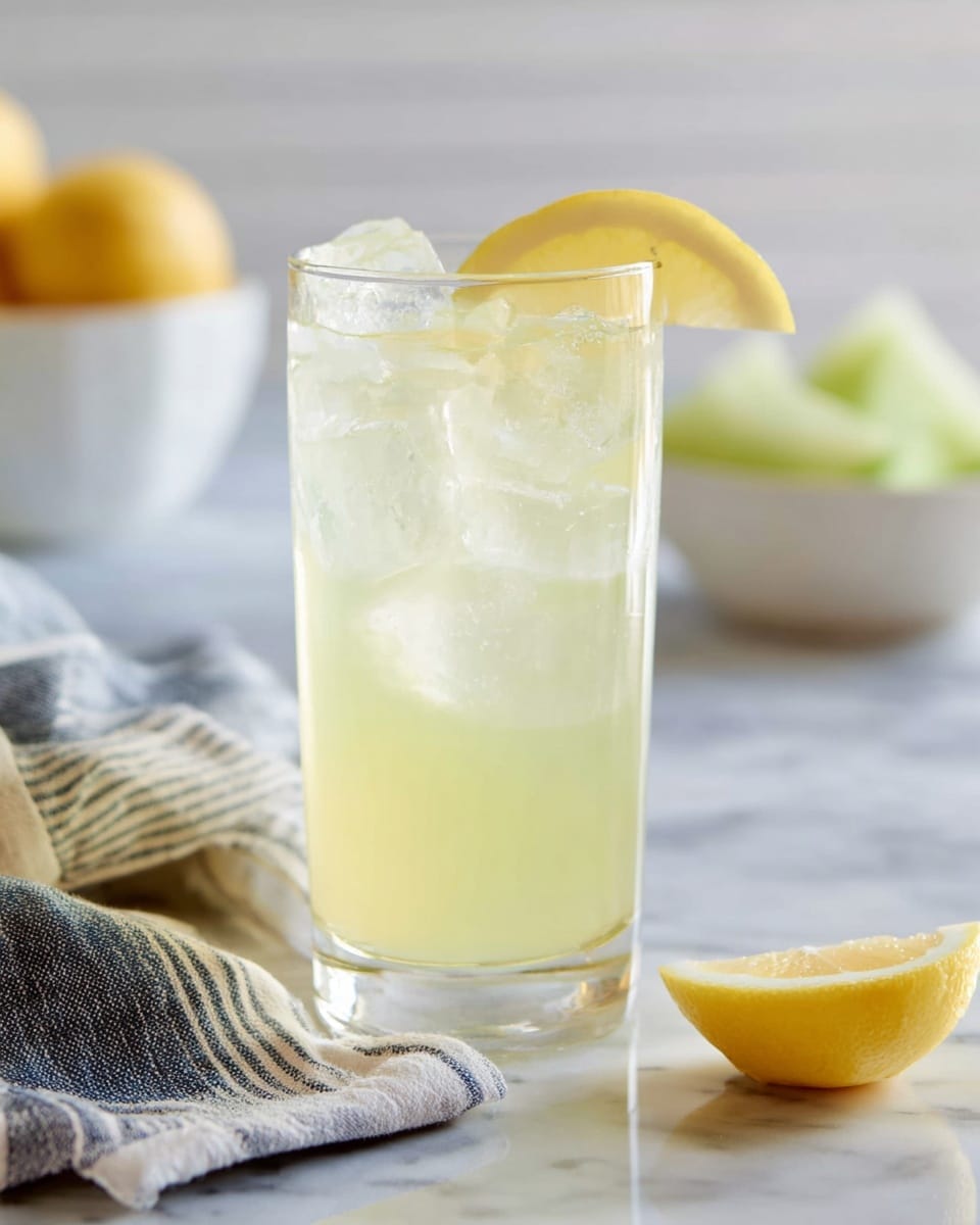 A clear glass filled about three-quarters with pale yellow lemon drink and ice cubes, topped with a thick slice of lemon resting on the rim. To the right, a white bowl with green honeydew melon cubes and one lemon slice placed on the white marbled surface in front. To the left, a crumpled white cloth with blue stripes. Photo taken with an iphone --ar 4:5 --v 7