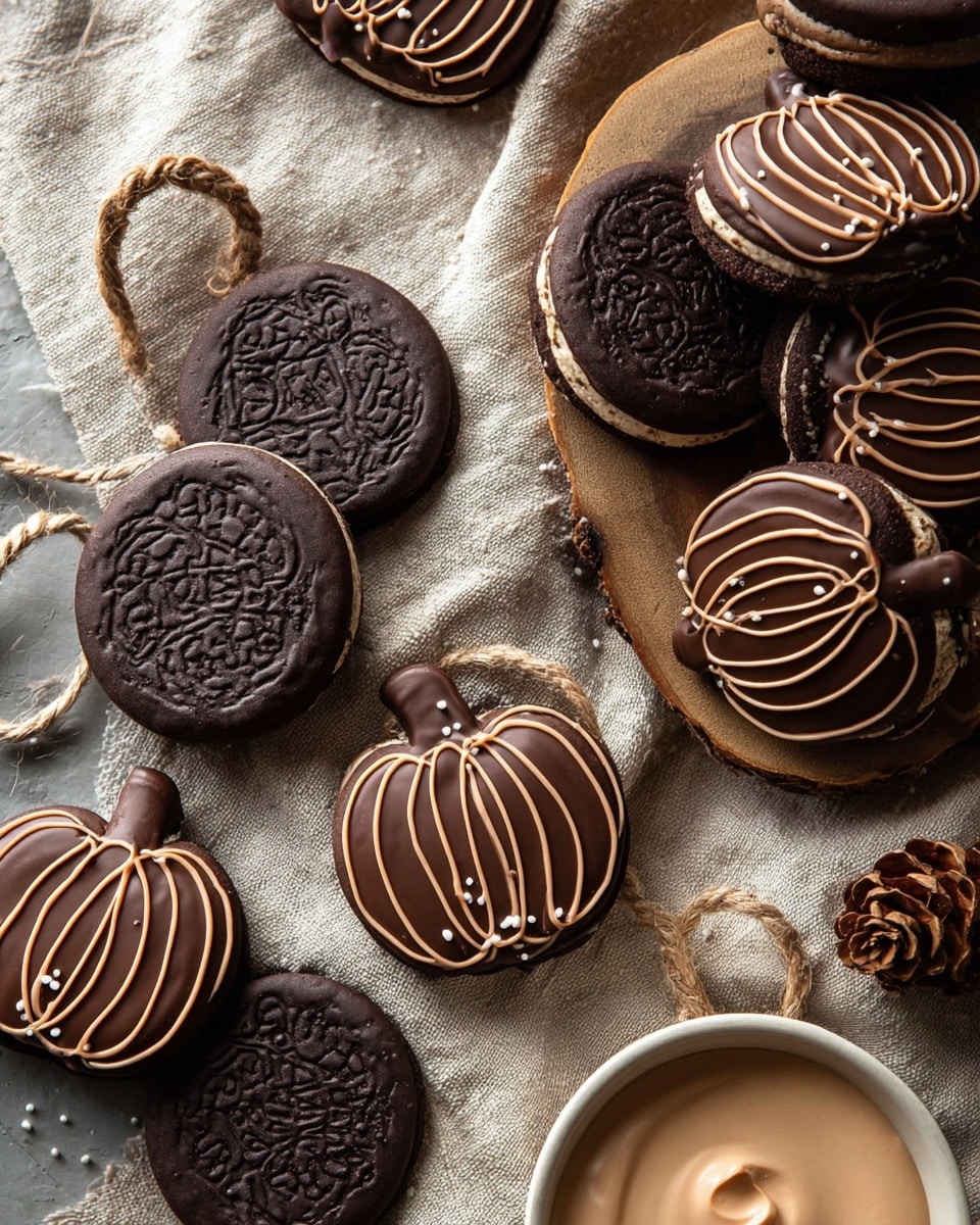 The image shows dark chocolate pumpkin-shaped cookies decorated with smooth brown chocolate half-coated edges, with light brown swirled icing on top forming pumpkin lines and stems, sprinkled with small white flakes; each cookie has two layers, a dark upper cookie with detailed pumpkin lines, and a lighter brown cream filling layer in the middle. Some round dark chocolate cookies with embossed pumpkin faces sit unfilled or with brown cream filling visible, while a small white bowl of creamy light brown filling is placed nearby. The cookies and bowl rest on a textured beige cloth surface, with rough natural twine loops and a brown pine cone adding rustic charm. photo taken with an iphone --ar 4:5 --v 7