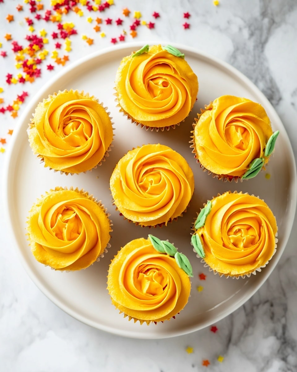 The image shows many cupcakes placed on a white marbled surface. Each cupcake has a thick layer of bright orange frosting on top shaped like a rose with smooth swirls creating petals in a circular pattern. Some cupcakes have a small accent of light green frosting shaped like tiny leaves placed near the edge of the orange rose frosting. The cupcake bases are dark in color, with white cupcake liners. The cupcakes are placed close to each other but not touching, filling the entire frame. photo taken with an iphone --ar 4:5 --v 7