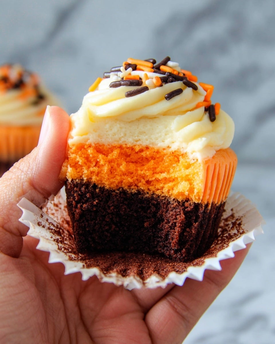 The image shows a close-up of three cupcakes standing on a white marbled surface. Each cupcake has two visible layers: a dark brown base and a thick orange middle layer. On top of the orange layer, there is a large swirl of white cream cheese frosting, decorated with small orange and black sprinkles scattered on the frosting and around the cupcakes on the surface. The texture of the frosting looks smooth and fluffy, with clear ridges formed by the swirling motion. Photo taken with an iphone --ar 4:5 --v 7