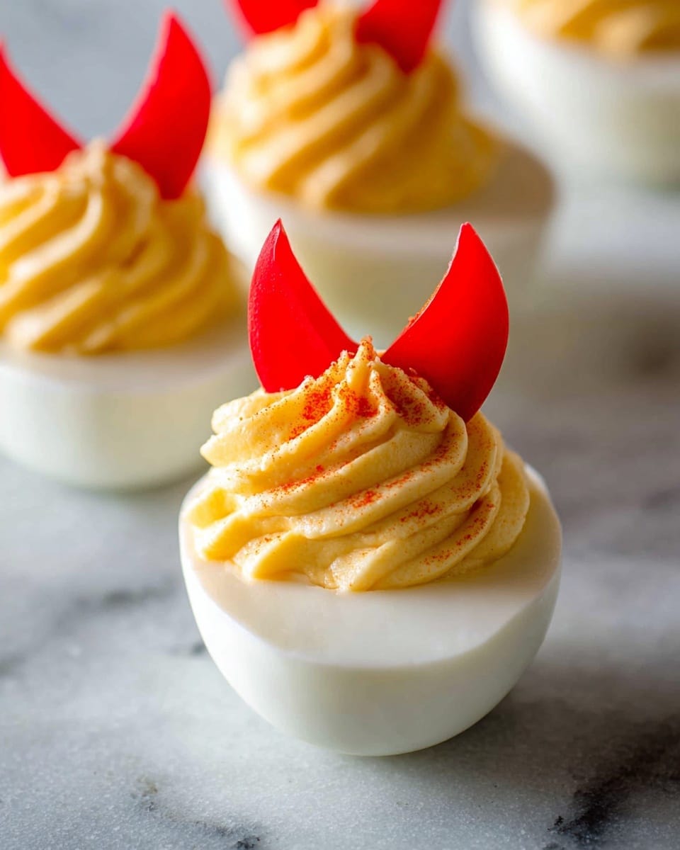 A white halved egg serves as the base layer with smooth white texture on the outside, filled with a swirled, light beige creamy mixture piped on top in a circular pattern. Two small triangular pieces of bright red pepper are placed symmetrically on the creamy layer, and a larger jagged piece of red pepper sticks out from the side, adding a sharp contrast. The whole dish is set on a white marbled surface. photo taken with an iphone --ar 4:5 --v 7