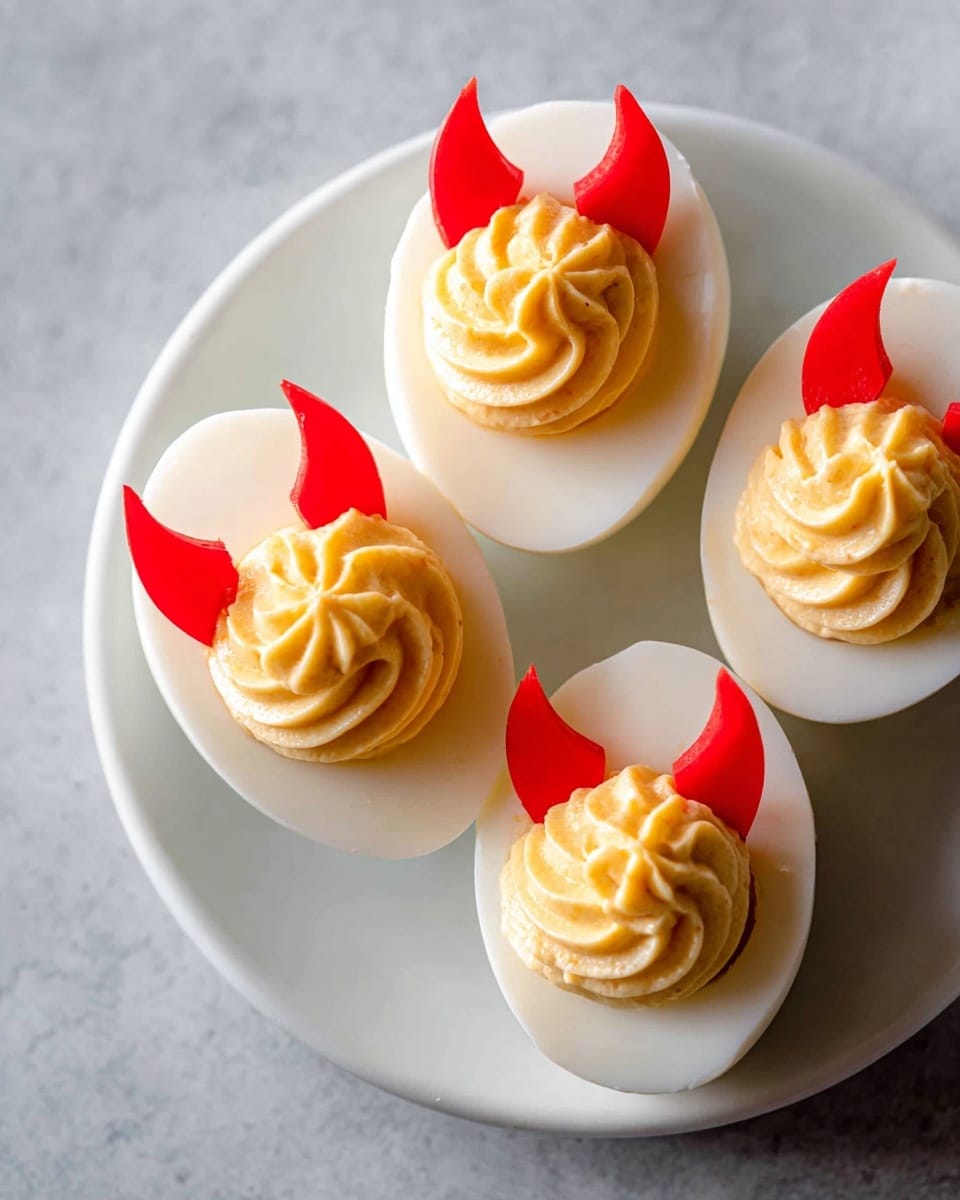 The image shows three deviled eggs on a white marbled surface. Each egg is halved with a smooth, white outer layer of egg white and a thick, swirled, creamy yellow filling that looks fluffy and well-piped. On top of each filling, there are small red bell pepper shapes added to look like devil horns and wings, placed on the sides and top of the filling, adding a bright contrast. The background is softly blurred with more deviled eggs out of focus. photo taken with an iphone --ar 4:5 --v 7