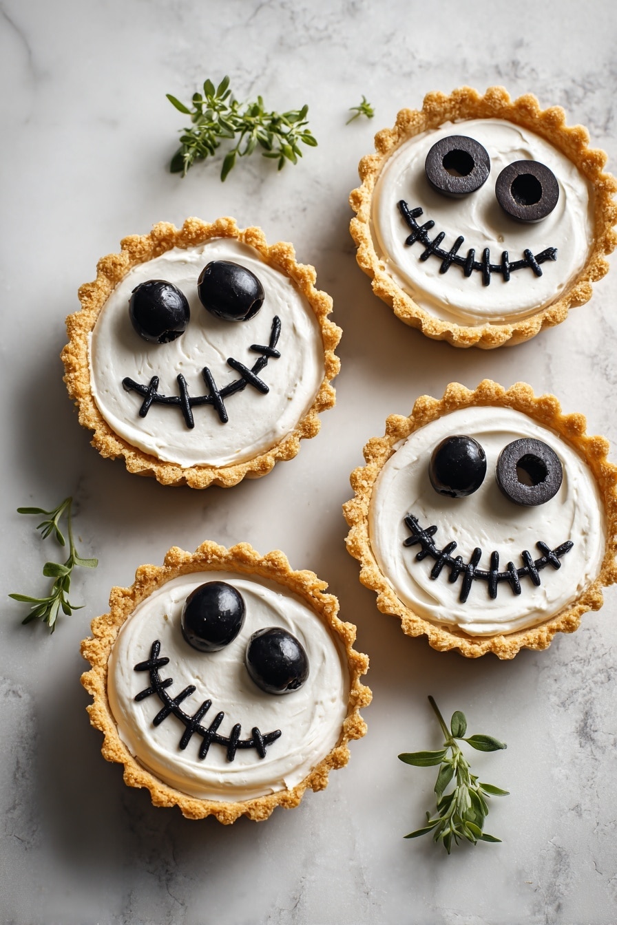 A small tart with a golden-brown flaky crust forms the base layer. The next layer is smooth, white cream filling that fills the tart shell evenly. On top, two large black olives create the eyes, and two small olive pieces shape the nostrils. A curved smile made from thin black olive strips crosses the bottom half of the tart, with small vertical olive slices forming stitch marks along the smile. The tart is placed on a black slate background with sprigs of green herbs scattered around and a small wooden bowl filled with black olives visible in the upper left corner. photo taken with an iphone --ar 2:3 --v 7 - Halloween Jack Skellington Ricotta Olive Tarts, festive Halloween tart ideas, spooky Halloween appetizers, gluten-free Halloween snacks, cute Halloween party treats