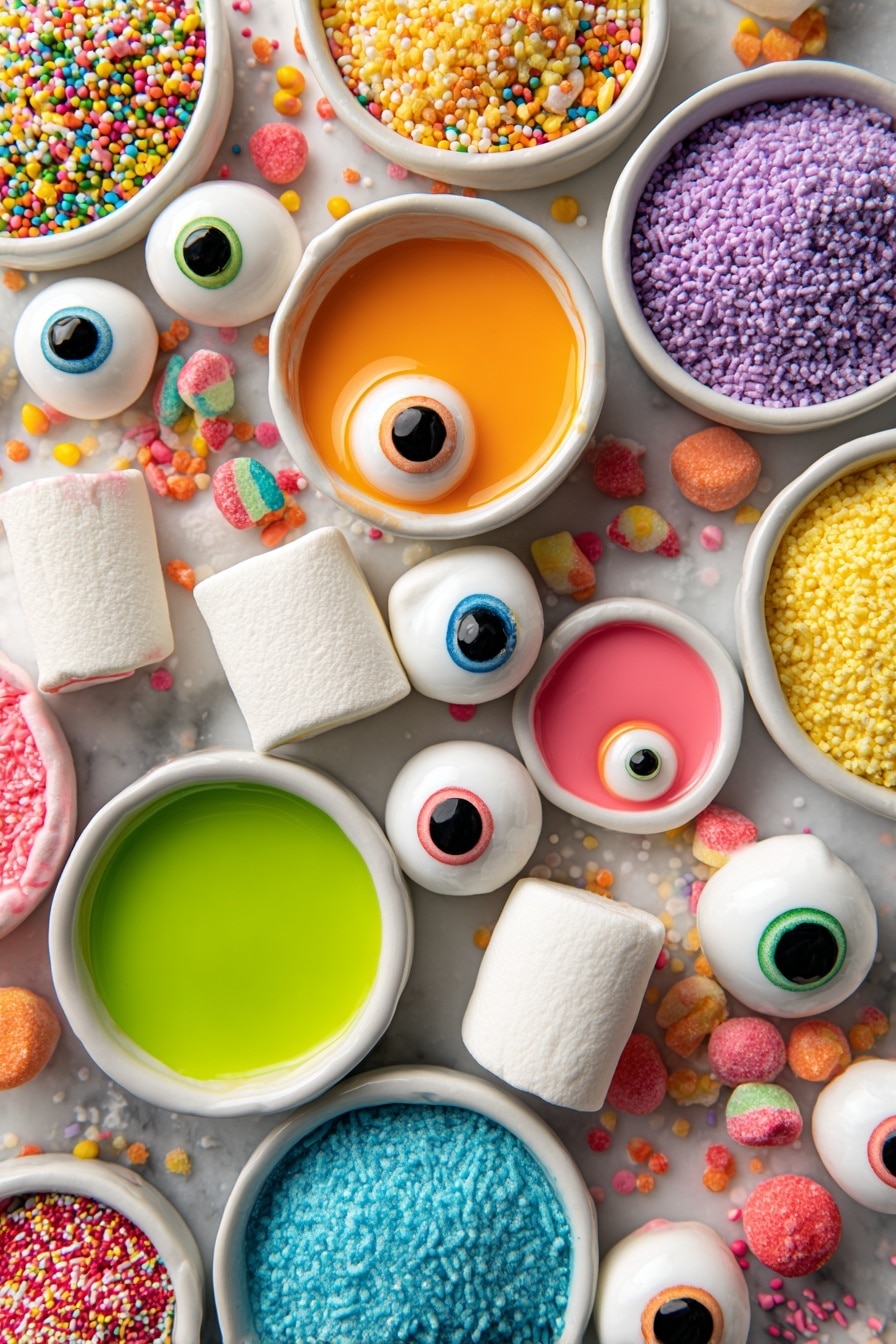 Flat lay of jumbo white marshmallows with a soft, pillowy texture, vibrant orange, green, and yellow candy melts in smooth, glossy droplets and small pools, colorful round candy eyes with shiny black pupils, tiny multicolored sprinkles resembling bright hair strands, and assorted small sweets for mouths in reds and pinks, all arranged naturally with a playful, festive feel, placed on white marbled surface, photo taken with an iphone --ar 2:3 --v 7 - Halloween Marshmallow Pops, Halloween Marshmallow Pops Recipe, spooky marshmallow treats, easy Halloween treats, festive marshmallow snacks