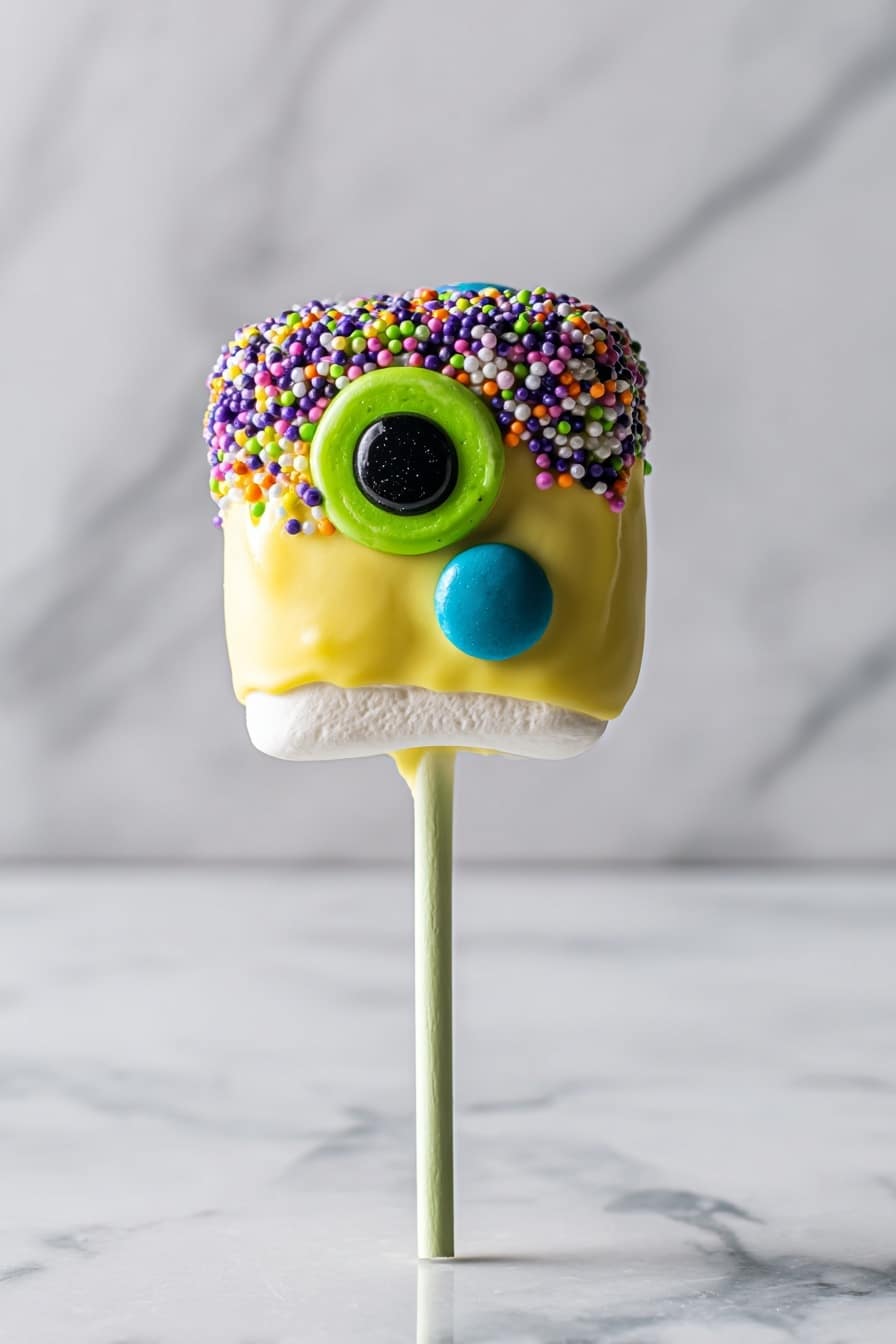 The image shows a marshmallow on a stick, covered in smooth yellow icing. The top of the marshmallow is covered with small round colorful sprinkles in purple, green, black, and orange. On the side of the marshmallow, there are two round candy decorations: one big green circle with a smaller black circle inside it, and below it, a smaller blue circle. The marshmallow is white at the bottom where the yellow icing doesn’t cover. The whole sweet treat is held up by a light green stick and set against a white marbled background. photo taken with an iphone --ar 2:3 --v 7 - Halloween Marshmallow Pops, Halloween Marshmallow Pops Recipe, spooky marshmallow treats, easy Halloween treats, festive marshmallow snacks