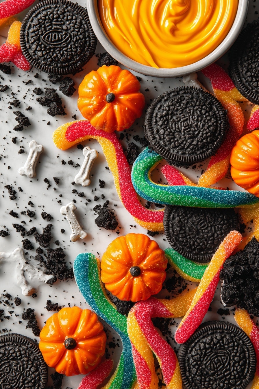 Flat lay of crushed black Oreo cookies with their crumbly texture, bright orange pumpkin candies with smooth, shiny surfaces, colorful gummy worms in translucent reds, greens, yellows, and blues, small clusters of white bone-shaped sprinkles, and a small bowl of velvety vanilla pudding tinted with soft orange food coloring, all fresh and vibrant, arranged naturally with some overlapping and scattered pieces creating interest, placed on white marbled surface, photo taken with an iphone --ar 2:3 --v 7 - Halloween Dirt Cake Cups, Halloween dessert, festive Halloween treats, spooky party dessert, no-bake Halloween dessert
