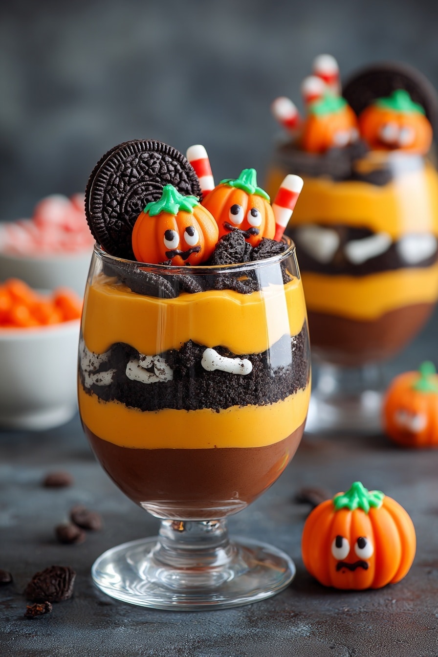 The image shows a clear glass cup with five visible layers. The bottom layer is dark brown chocolate pudding. Above that is a layer of dark crushed cookie pieces. The middle layer is orange creamy pumpkin-flavored filling. On top of that is another layer of crushed dark cookie pieces. The top layer is chocolate pudding with three small orange pumpkin-shaped candies with green tops in the center, surrounded by small pink and white bone-shaped candies and more crushed cookies. The glass sits on a wooden board with two white spoons next to it and gummy worms scattered nearby, all on a white marbled surface. Photo taken with an iphone --ar 2:3 --v 7 - Halloween Dirt Cake Cups, Halloween dessert, festive Halloween treats, spooky party dessert, no-bake Halloween dessert