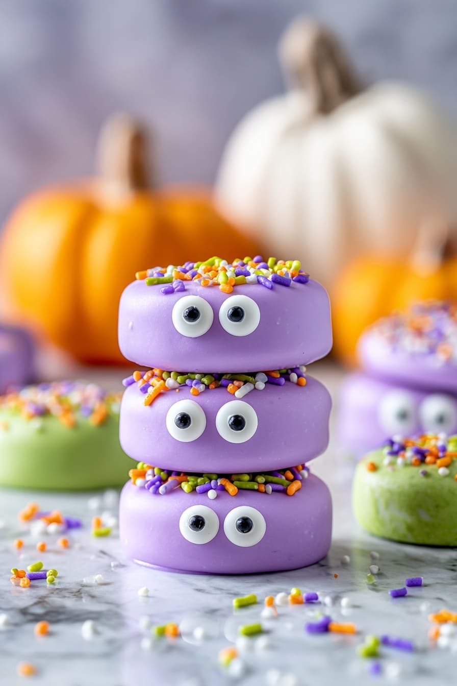 The image shows many round cookies decorated for Halloween on a white marbled surface. There are four main cookie designs: white ones with white frosting wrapped like mummies with two small candy eyes; orange ones with orange frosting and black frosting faces like scary jack-o'-lanterns; green ones with green frosting and black frosting hair and stitched mouth faces looking like monsters, each with two candy eyes; and purple cookies with purple frosting and sets of two or three small candy eyes, some also decorated with colorful sprinkles and one large candy eye. Small candy eyes and rainbow sprinkles are scattered around the cookies, and there are also small white pumpkins and a larger orange and green striped pumpkin placed among them. Photo taken with an iphone --ar 2:3 --v 7 - Chocolate Covered Halloween Oreos, Halloween Oreo decorating, festive Halloween treats, easy Halloween dessert, spooky Oreo ideas