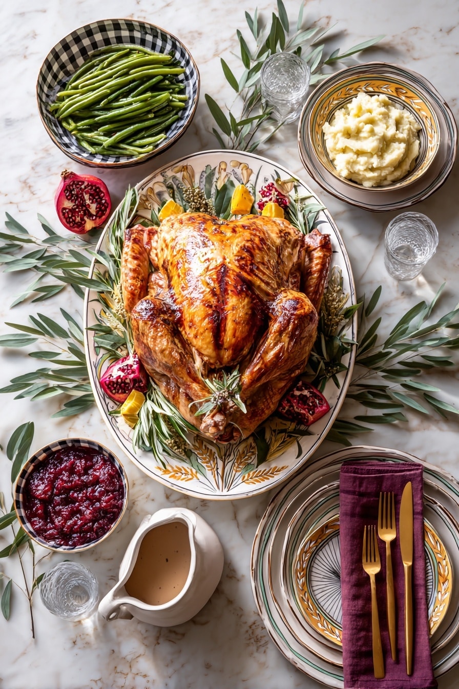 A whole roasted turkey with a shiny golden brown skin sits in the center on a white platter decorated with colorful vegetables and wheat designs, surrounded by sprigs of green leaves and red pomegranates. Around it, there are side dishes including a bowl of bright green green beans sprinkled with seeds on the left, a bowl of deep red cranberry sauce with a black-and-white checkered and gold-rimmed bowl below, and a bowl of creamy mashed potatoes with a melting pat of butter on the right. A small white pitcher with brown gravy sits next to the mashed potatoes. Each place setting features stacked plates with colorful fruit and striped designs, gold cutlery, dark purple napkins, and clear glasses of water. The entire setup is arranged on a white marbled surface with green leafy stems spread across. Photo taken with an iphone --ar 2:3 --v 7 - Apple Cider Glazed Turkey, turkey with apple cider glaze, holiday turkey recipe, juicy roasted turkey, flavorful turkey with gravy