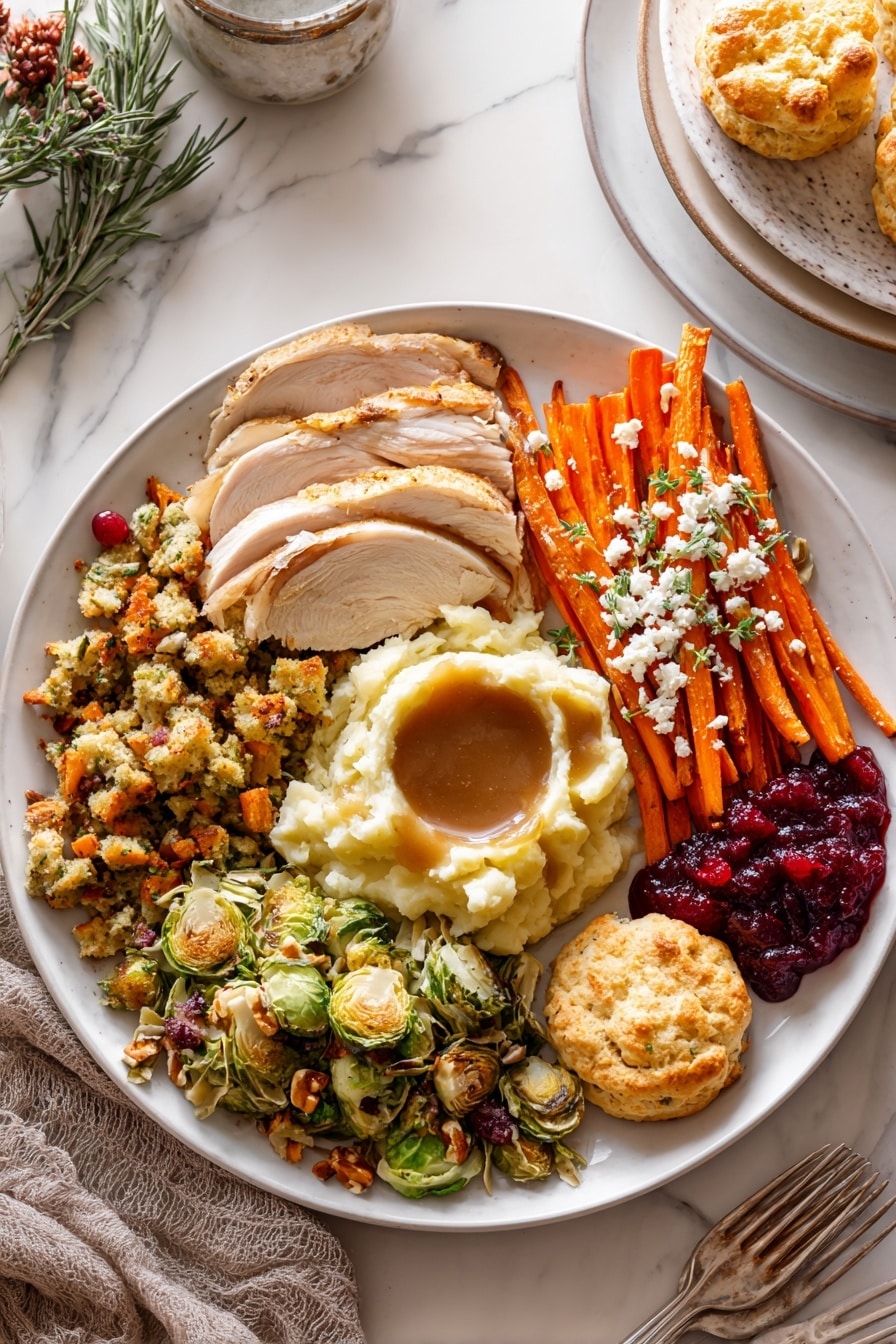 The image shows a white patterned oval plate with sliced cooked chicken arranged in three neat rows with golden brown crispy skin on top and tender white meat underneath. Around the chicken, fresh green rosemary and thyme sprigs are placed for garnish. To the right of the plate, there is a white bowl filled with light brown gravy. The plate and bowl rest on a white marbled textured surface, and a gray striped cloth is partially visible at the top left corner. Photo taken with an iphone --ar 2:3 --v 7 - Roasted Turkey Breast with Herb Butter and Homemade Gravy, turkey breast recipes, holiday turkey ideas, juicy oven-roasted turkey, flavorful turkey dinner