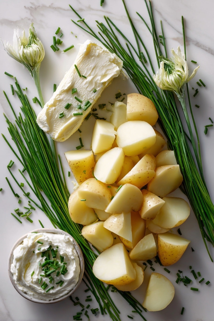 Flat lay of peeled Yukon Gold potatoes cut into chunks showing their smooth, pale yellow flesh, a generous slab of rich golden brown butter with nutty browned bits, a dollop of creamy white sour cream with a soft texture, fresh bright green chopped chives scattered artfully, whole chive stalks with slender tubular leaves, all arranged naturally with some loose chive sprigs adding height and contrast, placed on white marbled surface, photo taken with an iphone --ar 2:3 --v 7 - Brown Butter and Herb Mashed Potato Bake, mashed potato side dish, creamy baked potatoes with herbs, golden mashed potato casserole, flavorful mashed potato recipe