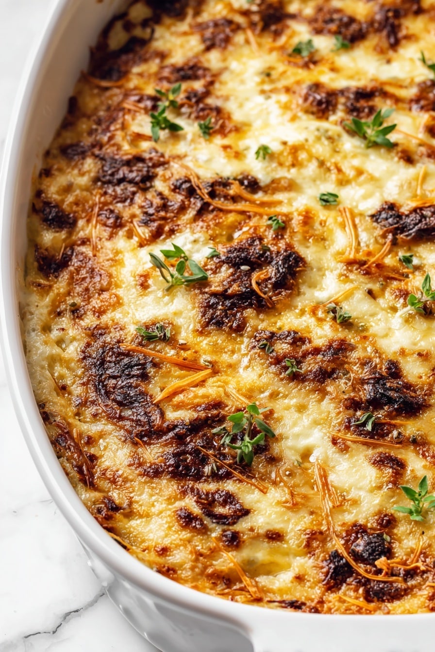 A close-up view of a baked dish in a white casserole with a crusty top layer of melted golden cheese mixed with darker brown toasted bits and sprinkled with small fresh green herb leaves. The cheese has a slightly bubbly texture with some browned edges, and there are thin, shredded orange pieces scattered on the surface. The casserole rests on a white marbled background. photo taken with an iphone --ar 2:3 --v 7 - French Onion Scalloped Potatoes, caramelized onion potato casserole, cheesy scalloped potatoes, onion and potato gratin, comfort food side dishes