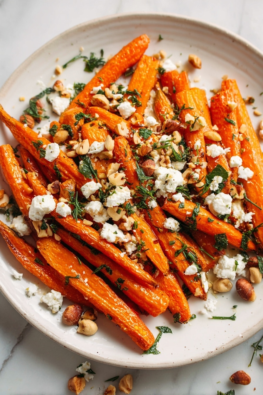 The dish shows a single layer of bright orange roasted carrot sticks arranged neatly on a white plate. Over the carrots, there are small crumbles of white cheese spread evenly across the top. Scattered around are light brown chopped nuts and finely chopped green herbs sprinkled over the entire plate. The plate is placed on a white marbled surface with a soft white cloth partially visible on the upper left side. photo taken with an iphone --ar 2:3 --v 7 - Maple Roasted Carrots with Hazelnuts and Goat Cheese, roasted carrot side dish, caramelized carrots with nuts and cheese, quick vegetable side recipe, elegant roasted carrot dish