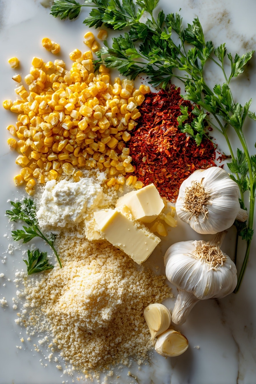 Flat lay of bright yellow frozen corn kernels scattered alongside deep red diced chipotle peppers in adobo sauce, glossy and rich with vibrant chili tones; creamy white heavy cream pooling gently near smooth golden unsalted butter pats; a small mound of freshly grated pale ivory Parmesan cheese with fine, delicate texture; fresh green parsley sprigs with crisp leaves adding a burst of freshness; two peeled garlic cloves showing smooth, creamy white surfaces; and light golden panko breadcrumbs with a crunchy, airy texture sprinkled in a natural, casual arrangement, placed on white marbled surface, photo taken with an iphone --ar 2:3 --v 7 - Chipotle Creamed Corn with Garlic Breadcrumbs, smoky creamed corn, spicy corn side dish, comforting corn recipes, easy corn side dish