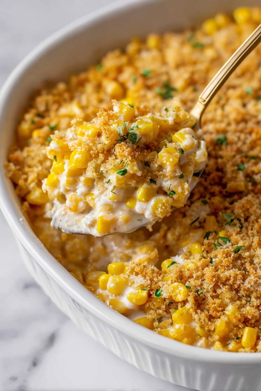 The image shows a close-up of a baked corn dish with two distinct layers visible: the bottom layer is creamy corn with shiny, bright yellow kernels mixed with a smooth white sauce, and the top layer is a crumbly, golden-brown breadcrumb topping scattered evenly, adding texture. Small pieces of fresh green chives are sprinkled across the surface, giving a pop of color and freshness. The dish sits on a white marbled surface. photo taken with an iphone --ar 2:3 --v 7 - Chipotle Creamed Corn with Garlic Breadcrumbs, smoky creamed corn, spicy corn side dish, comforting corn recipes, easy corn side dish