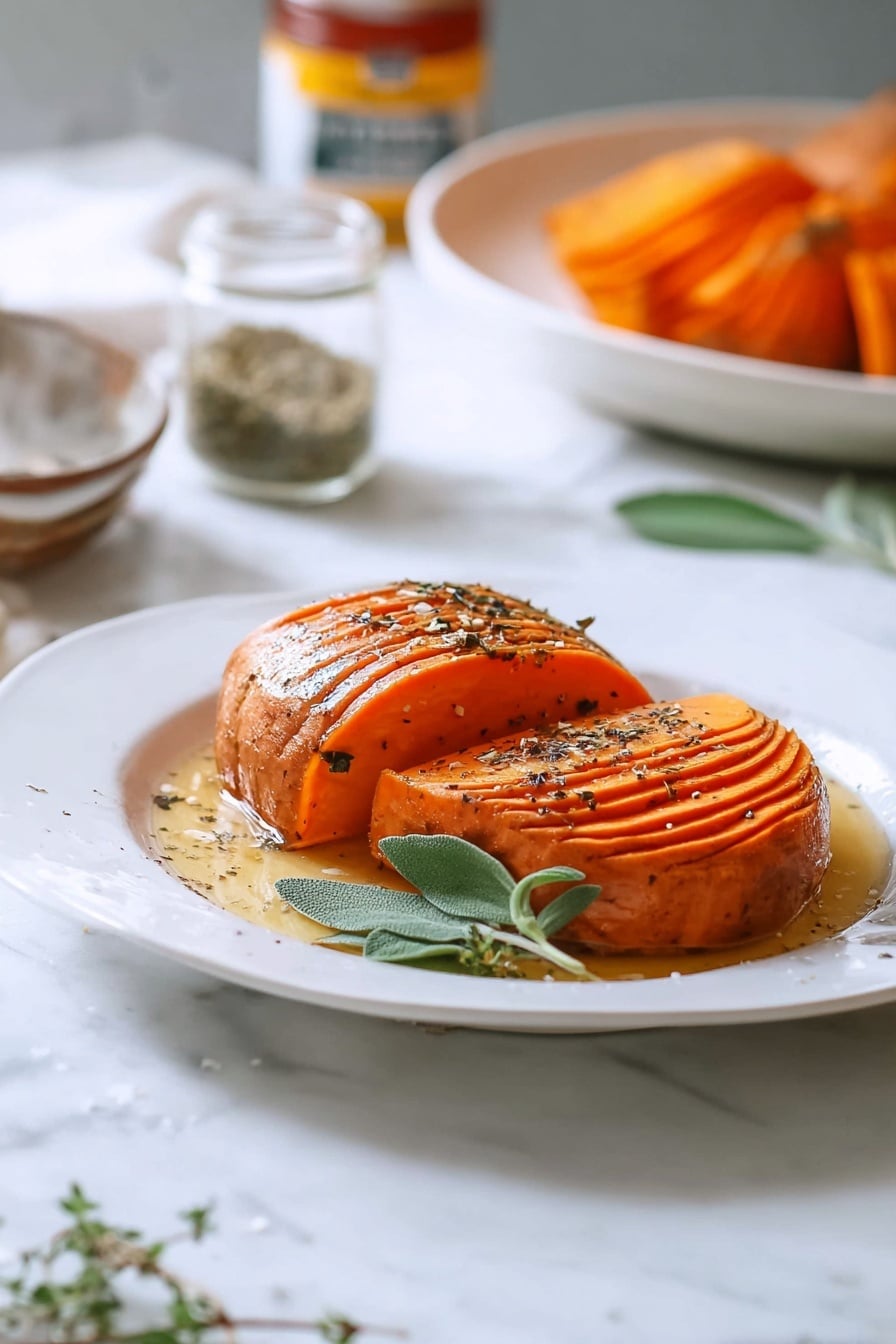 Two whole roasted orange butternut squash halves lie side by side on a large white plate with a brown leaf pattern around the edge. The squashes have thin horizontal cuts all over the top, giving a textured look. Each squash is covered with a golden brown sauce and topped with chopped toasted pecans scattered unevenly. Around the plate, there are small green leaves placed as garnish. In the background, there are two more white plates each holding one squash half with the same sauce and a single small green leaf on top. The setting is on a white marbled surface with a small bowl of additional pecans and a faint white cloth nearby. Photo taken with an iphone --ar 2:3 --v 7 - Hasselback Butternut Squash with Maple Pecan and Brown Butter Sage, roasted butternut squash, holiday vegetable ideas, festive squash side dish, elegant fall recipes