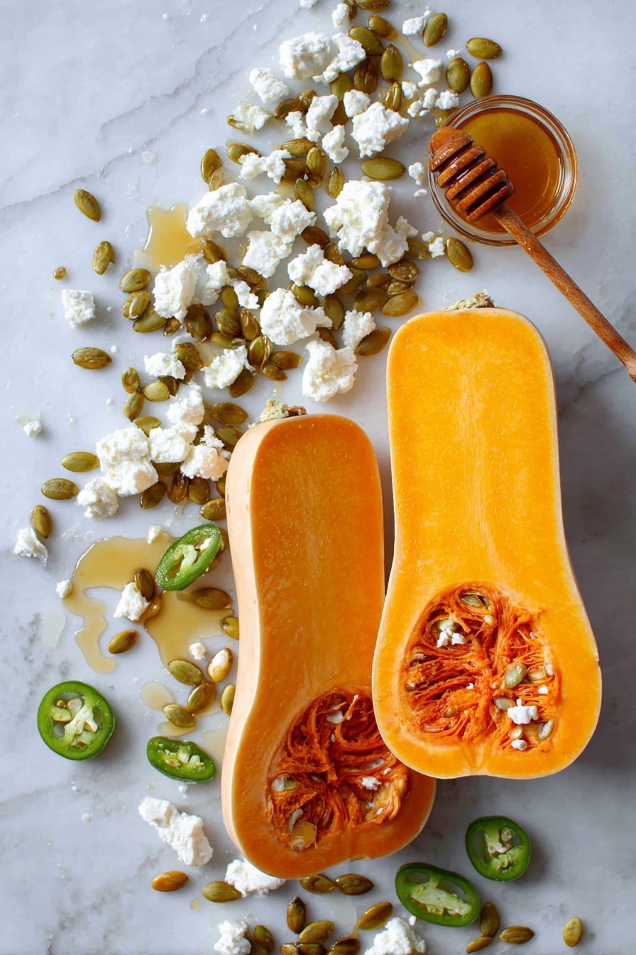 Flat lay of two halved butternut squashes showing their bright orange flesh and smooth pale skin, a small pile of crumbled white feta cheese with a crumbly texture, scattered green jalapeño slices with a glossy finish and visible seeds, golden roasted pepitas with a shiny surface, a drizzle of rich amber honey glistening under the light, all arranged naturally with some overlapping and slight shadows for depth, placed on white marbled surface, photo taken with an iphone --ar 2:3 --v 7 - Hot Honey Hasselback Butternut Squash with Feta and Pepitas, Hasselback Butternut Squash, Spicy Honey Roasted Squash, Baked Butternut Squash with Feta, Festive Vegetarian Main Dish