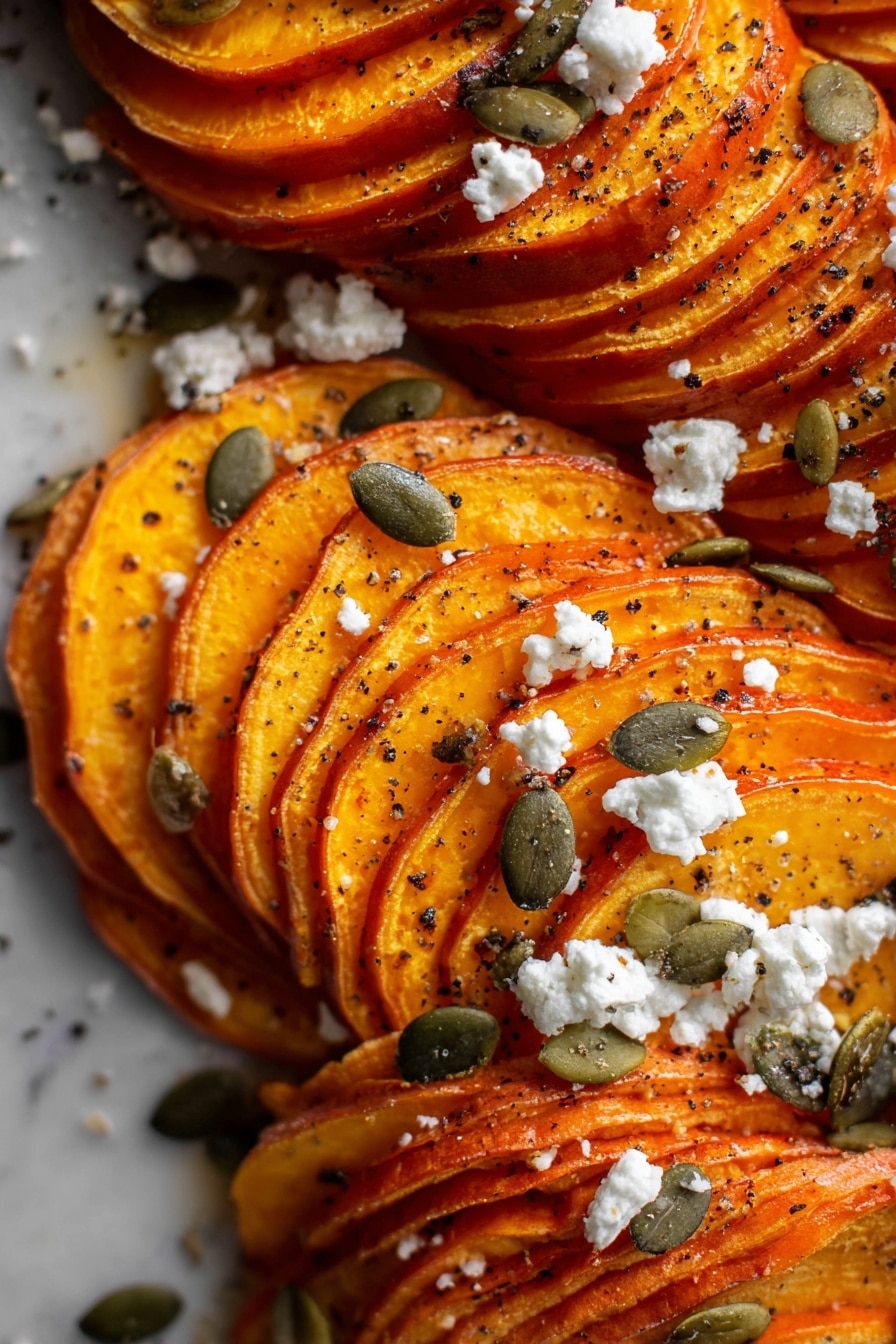 Three roasted orange butternut squash halves lie side by side on a silver baking tray, each sliced thinly in layers from top to bottom. Crumbled white cheese is scattered generously over the squash, along with green pumpkin seeds and small slices of charred green chili peppers. A small white fluted bowl with a silver spoon rests at the top right corner of the tray, containing an oily dressing. The tray surface shows some roasted juices and bits of cheese and seeds around the squash. The whole scene is set on a white marbled texture. Photo taken with an iphone --ar 2:3 --v 7 - Hot Honey Hasselback Butternut Squash with Feta and Pepitas, Hasselback Butternut Squash, Spicy Honey Roasted Squash, Baked Butternut Squash with Feta, Festive Vegetarian Main Dish