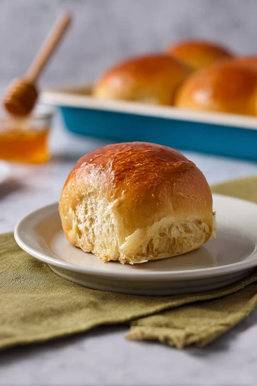 A single golden brown bun with a shiny surface sits on a white plate, positioned in the center. The bun has a soft texture with a small tear near the bottom showing a light, fluffy inside. The plate rests on an olive green cloth, which lays on a white marbled surface. In the background, there is a blue rectangular tray with more buns and a honey dipper with honey on the white marbled surface. Photo taken with an iphone --ar 2:3 --v 7 - Sweet Potato and Honey Dinner Rolls, soft sweet potato dinner rolls, homemade sweet potato rolls, honey glazed dinner rolls, easy sweet potato bread