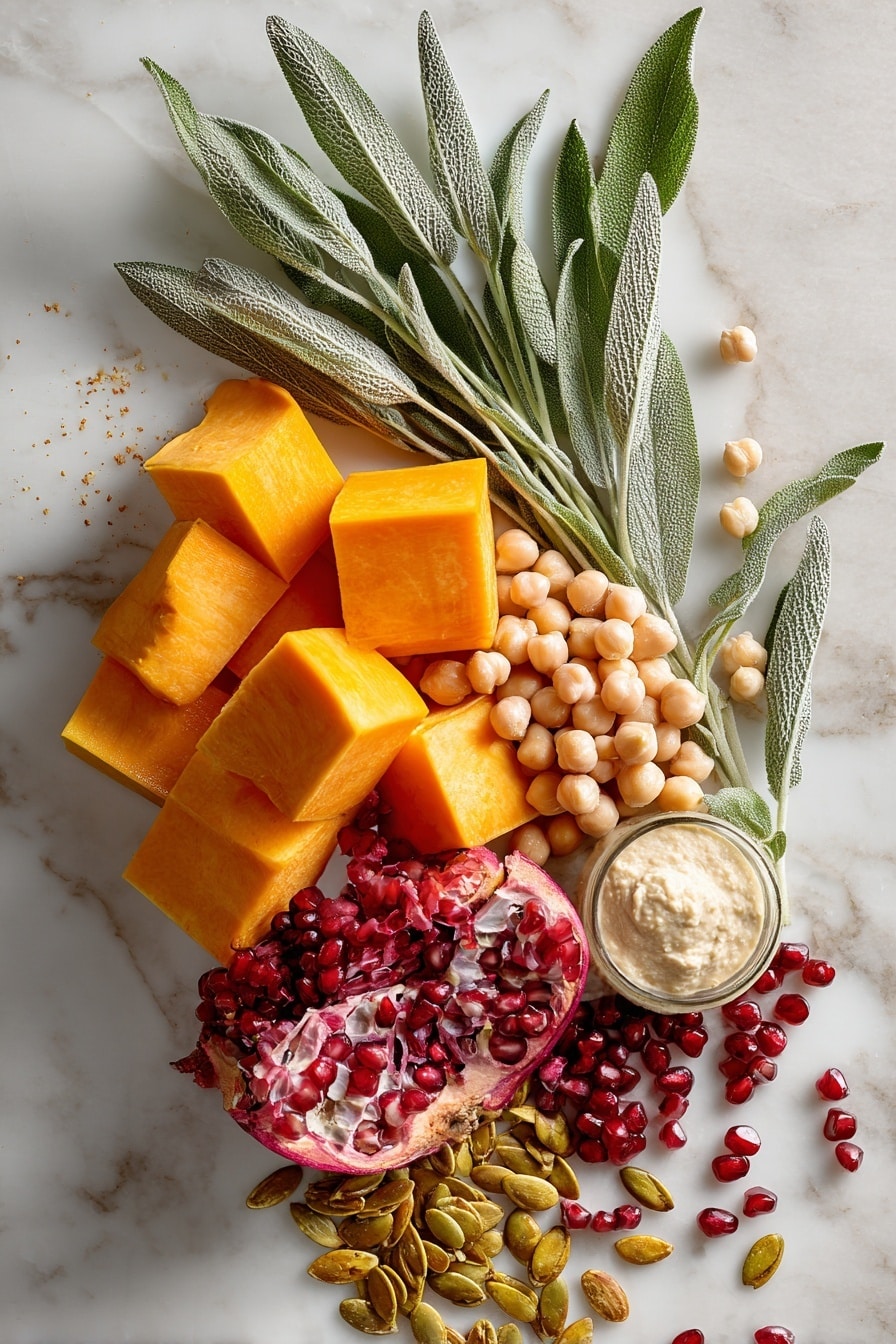 Flat lay of vibrant cubed butternut squash in warm orange tones, smooth beige chickpeas both whole and shelled, creamy off-white tahini, glossy deep red pomegranate arils scattered with bright jewel-like shine, rustic green sage leaves with soft textured edges, and shiny golden-brown roasted pepitas arranged naturally with some overlapping, placed on white marbled surface, photo taken with an iphone --ar 2:3 --v 7 - Roasted Butternut Squash Hummus with Pomegranate and Pepitas, roasted butternut squash hummus, healthy squash hummus dip, pomegranate and pepitas hummus, vibrant fall appetizer