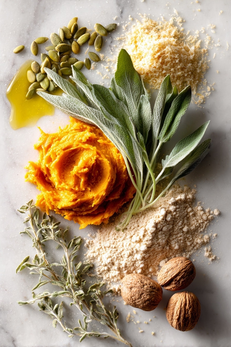 Flat lay of rich orange pumpkin puree in a smooth dollop, a cluster of fresh green sage leaves with visible veins and delicate texture, a small pile of salted green pepitas with a slight glossy sheen, finely grated pale yellow parmesan cheese resembling soft flakes, a golden pool of extra virgin olive oil catching the light, a heap of warm beige all-purpose flour with a powdery texture, a few whole nutmeg seeds showing their rough brown shells, and loose strands of dried sage in muted green tones, all beautifully arranged with natural spacing and soft shadows, placed on white marbled surface, photo taken with an iphone --ar 2:3 --v 7 - Pumpkin Sage Focaccia, Pumpkin Sage Focaccia with Pepitas and Parmesan, Autumn Focaccia Recipe, Savory Pumpkin Bread, Easy Fall Bread