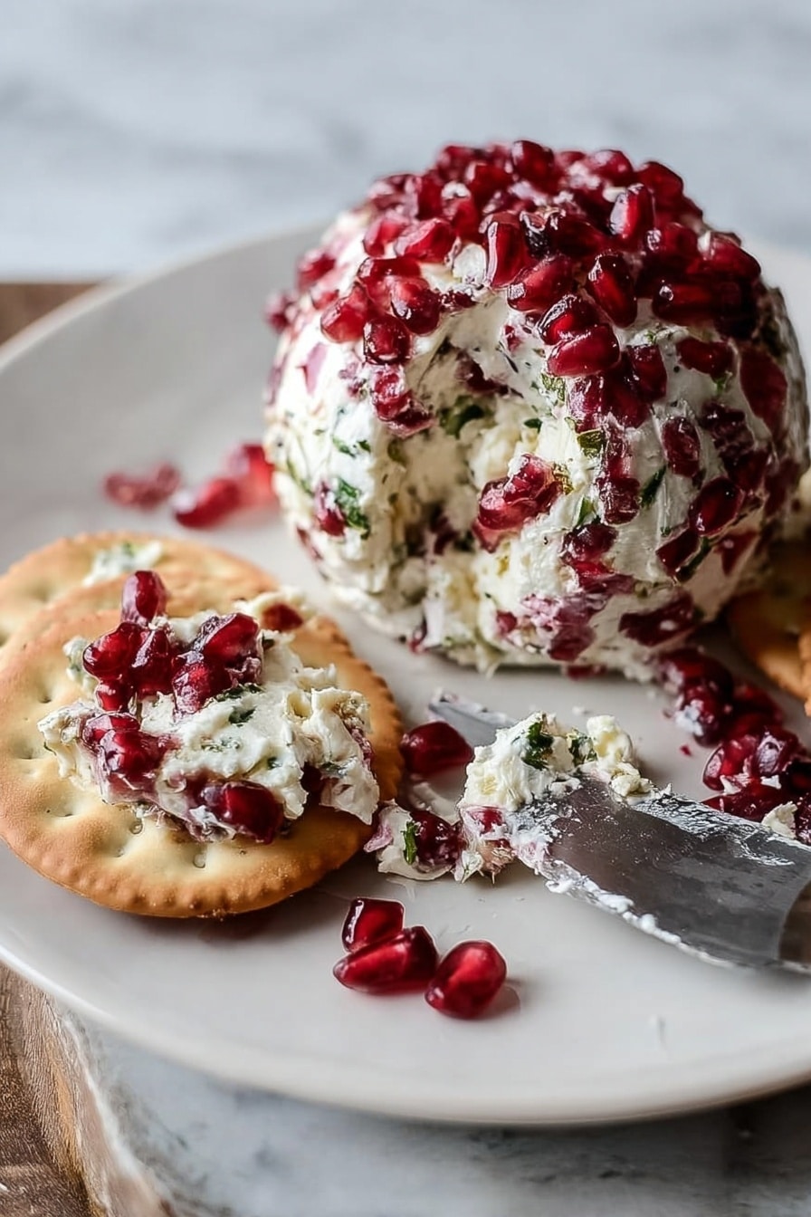 A round ball covered fully with shiny dark red pomegranate seeds is placed near the center of a white plate. Surrounding this ball, there is a ring of small, round, white crackers with light brown toasted spots. The white plate rests on a white marbled surface. A knife with a blue handle is partially visible at the bottom edge of the plate. Photo taken with an iphone --ar 2:3 --v 7 - Pomegranate Jeweled Cheeseball, festive cheeseball appetizer, holiday cheese ball, elegant party dips, fruity cheese ball recipe
