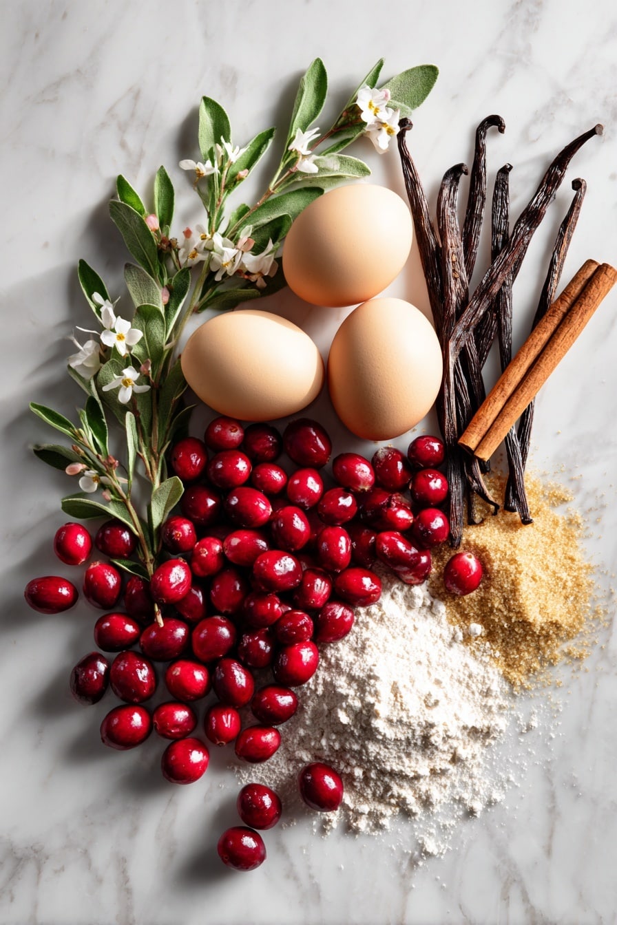 Flat lay of fresh, bright red cranberries with a glossy texture, rustic light brown cinnamon sticks, pale golden large eggs with smooth shells, a small heap of light and fluffy brown sugar crystals, glossy white vanilla beans, and a small mound of fine, powdery cornstarch, all naturally scattered with a few sprigs of fresh green herbs for color contrast, placed on white marbled surface, photo taken with an iphone --ar 2:3 --v 7 - Cranberry Cobbler Bars, cranberry dessert bars, holiday cranberry bars, easy cranberry cobbler, festive fruit bars