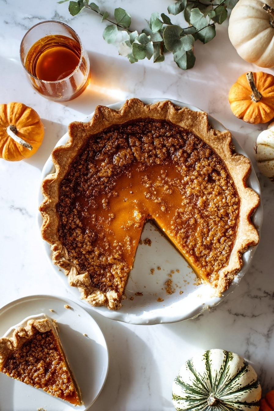 The image shows a pumpkin pie with one large slice taken out, sitting in a white pie dish. The pie has a golden-brown, crumbly crust with a wavy edge and a shiny, slightly cracked deep orange filling that looks dense and smooth. A single wedge slice of the pie is placed on a small white plate in the bottom left corner of the image. Around the pie dish, there are several small pumpkins of different colors, including orange, green-striped, and cream, arranged on a white marbled surface. A glass of amber-colored liquid is placed near the top left side, and there is a small green plant branch near the top right. The overall scene has soft natural light. Photo taken with an iphone --ar 2:3 --v 7 - Bourbon Brûlée Pumpkin Pie, pumpkin pie with bourbon, decadent pumpkin dessert, fall pumpkin pie recipe, adult pumpkin pie with bourbon