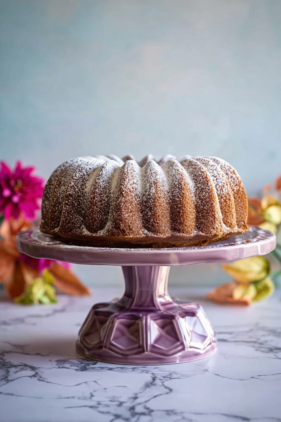 A round brown bundt cake with ridges, covered lightly with white powdered sugar, sits on a purple cake stand with a geometric design. The cake is decorated around the base with dried apple slices and small colorful flowers in shades of red, pink, and orange. The setting has a white marbled textured surface and soft, blurred background. photo taken with an iphone --ar 2:3 --v 7 - Apple Cider Donut Cake with Brown Butter and Cinnamon Sugar, Fall dessert recipes, Cozy apple spice cake, Homemade apple cider cake, Easy seasonal cake recipes