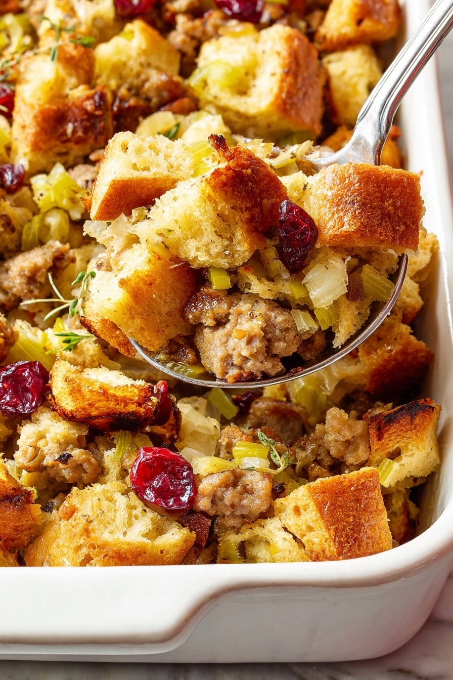 The image shows a close-up of a white baking dish filled with a textured stuffing made of soft, golden-brown bread cubes mixed with cooked sausage pieces, light green celery slices, and scattered red cranberries. The bread cubes vary in size and have slightly crispy edges, while the sausage pieces are browned and chunky. The celery adds a fresh, slightly translucent contrast, and the cranberries provide small bursts of deep red color throughout. A metal spoon lifts a serving from the dish, showing a mix of all the layers together. The background surface is a white marbled texture photo taken with an iphone --ar 2:3 --v 7 - Sausage Cranberry Stuffing, Thanksgiving stuffing with sausage and cranberries, savory holiday stuffing recipe, easy festive stuffing recipe, flavorful stuffing ideas