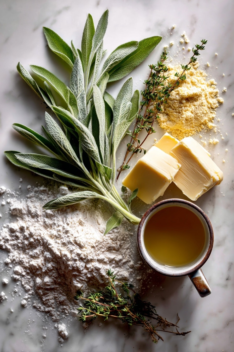 Flat lay of fresh green sage leaves with their soft texture, delicate sprigs of thyme showing tiny green leaves on slender stems, a chunk of creamy unsalted butter with smooth surface, golden all-purpose flour scattered lightly in a small heap, rich brown turkey pan drippings glossy and thick, a clear cup of pale golden chicken broth, all naturally arranged with some flour dusting here and there, placed on white marbled surface, photo taken with an iphone --ar 2:3 --v 7 - Perfect Turkey Gravy, turkey gravy recipe, homemade turkey gravy, Thanksgiving gravy, savory turkey gravy