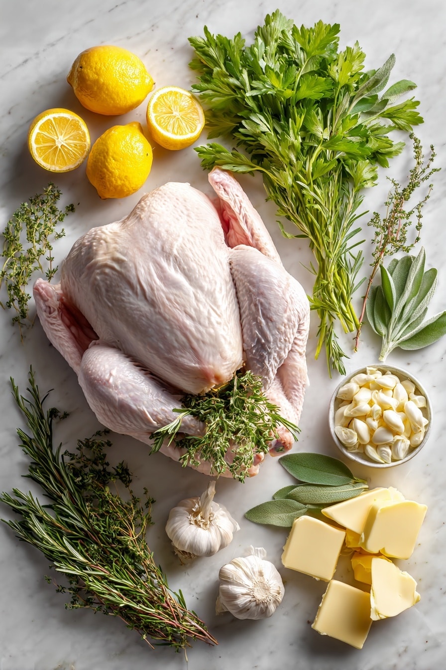 Flat lay of fresh whole raw turkey, bright yellow lemon halves with shiny zest, a handful of green rosemary sprigs, vibrant green parsley leaves, fresh sage leaves with soft texture, delicate thyme sprigs, multiple peeled garlic cloves showing smooth white surfaces, and a few sticks of unsalted butter with creamy pale yellow color, all carefully arranged with natural spacing on a white marbled surface, photo taken with an iphone --ar 2:3 --v 7 - Grilled Herb-Butter Turkey, herb-butter turkey, grilled turkey recipe, juicy turkey on grill, flavorful turkey centerpiece